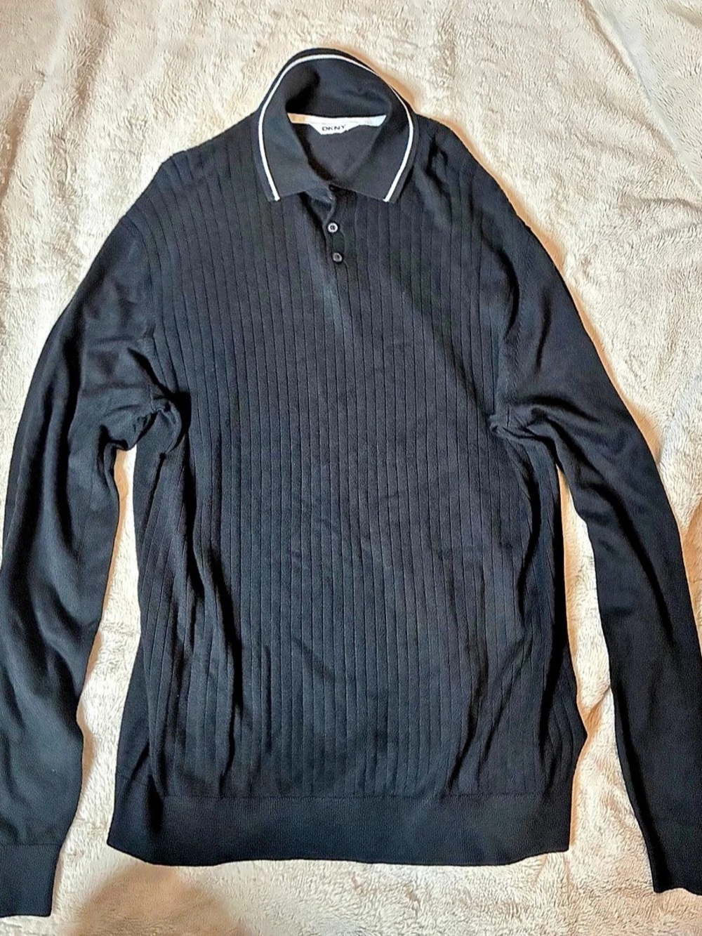 DKNY Men's Long Sleeve Ribbed Knit Polo Sweater Ribbed Polo Sweater Black NWT
